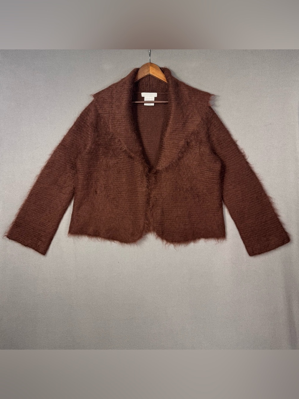 NICOLE FARHI Brown Fuzzy Open Front Cardigan Jacket, Mohair + Wool, 10